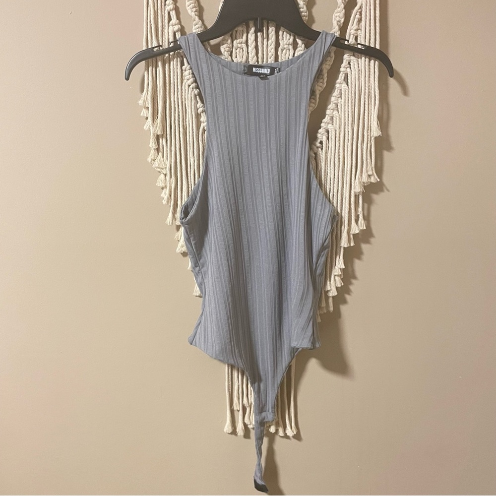Gray Rib Slinky Racer Neck Bodysuit